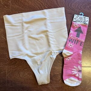 Shapermint Cream High-Waisted tummy control thong and Pink Socks
